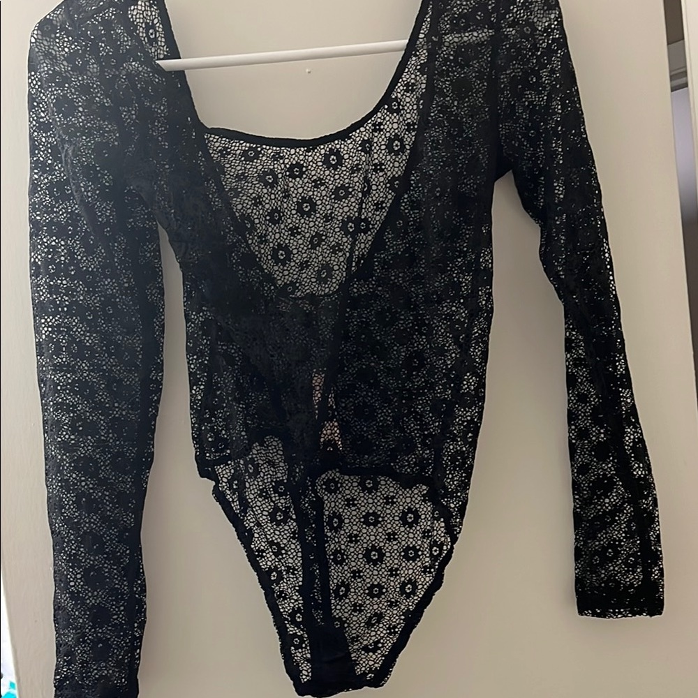 Victoria's Secret Black Sheer Tie Front Long Sleeve Bodysuit